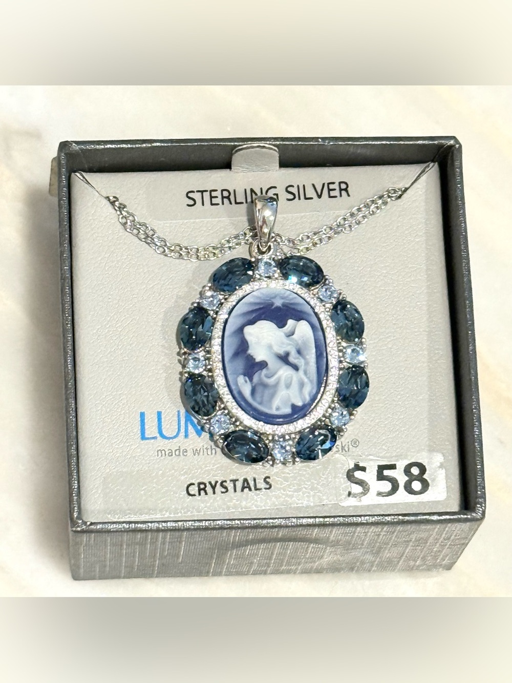 NEW Luminesse Swarvoski Crystal Angel Cameo Necklace Sterling Silver 925 Angel